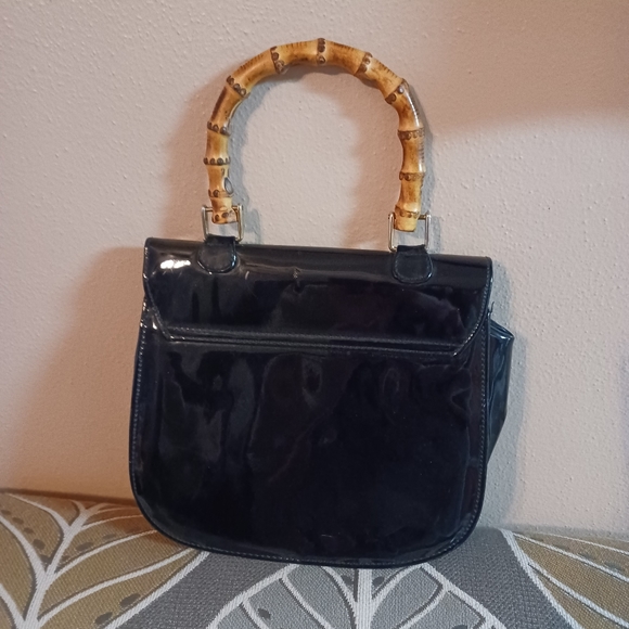 Vintage Bamboo Handle Patented Leather Black Vinyl Evening Handbag 8" - Picture 10 of 12